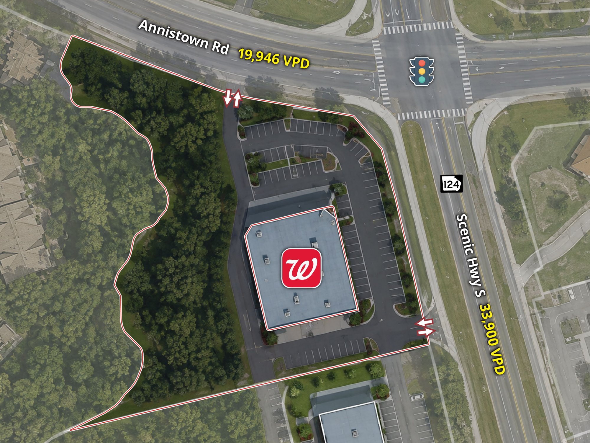 Aerial view of the Walgreens parcel on the signalized corner of Annistown Road and Scenic Highway South