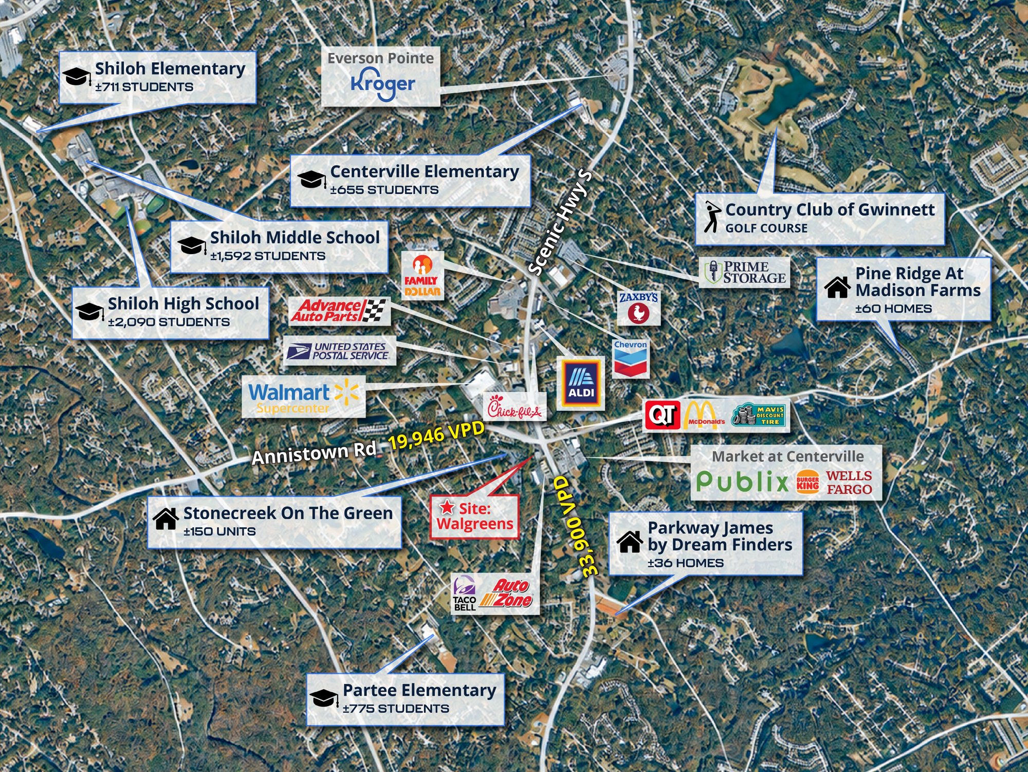Trade-area map showing schools, retailers and residential communities surrounding the Walgreens site